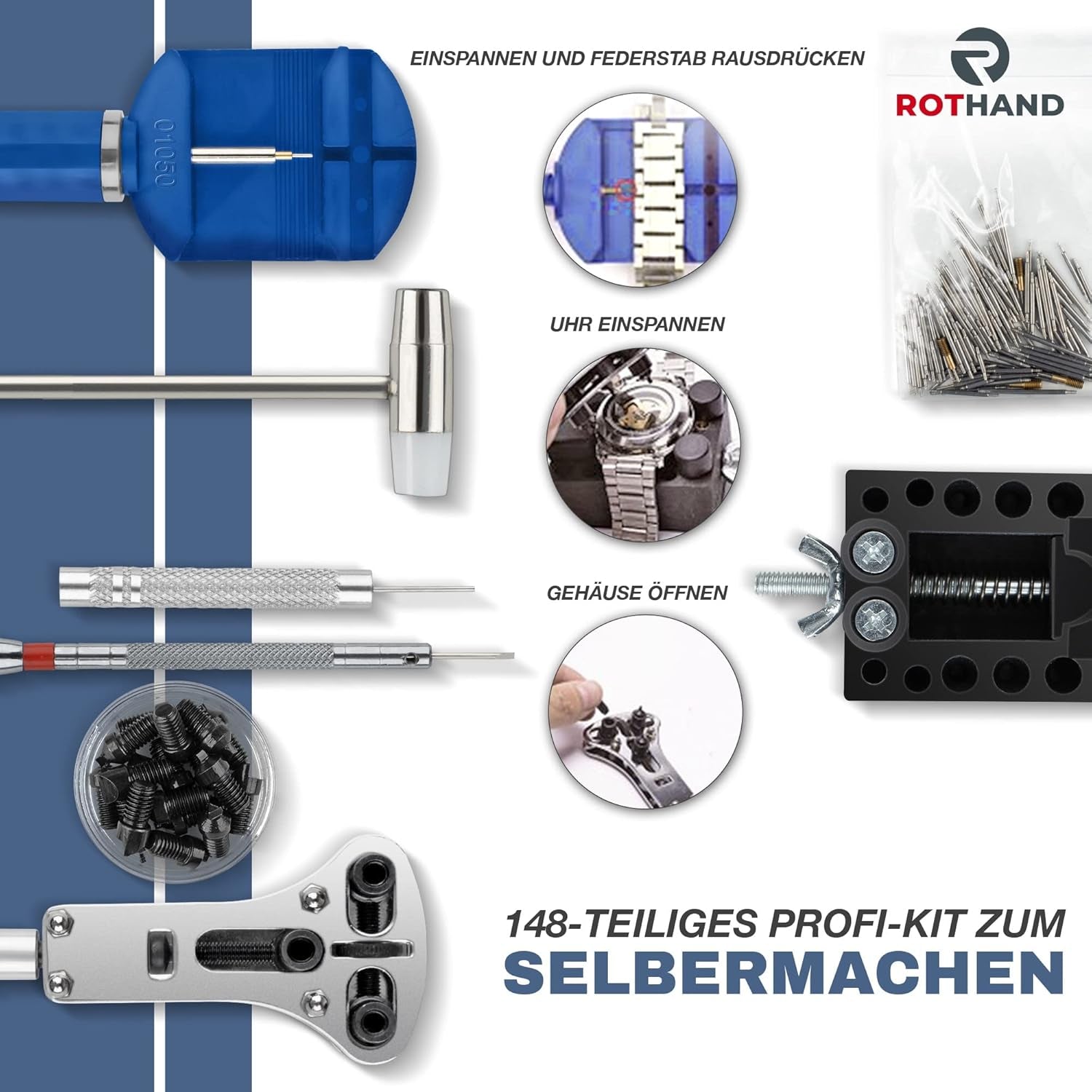® Premium Uhrenwerkzeug Mit Poliertuch - Aus Carbonstahl - 148-Teiliges Uhrmacherwerkzeug Set - Mit Uhrenöffner Für Batterie-& Dichtungswechsel
