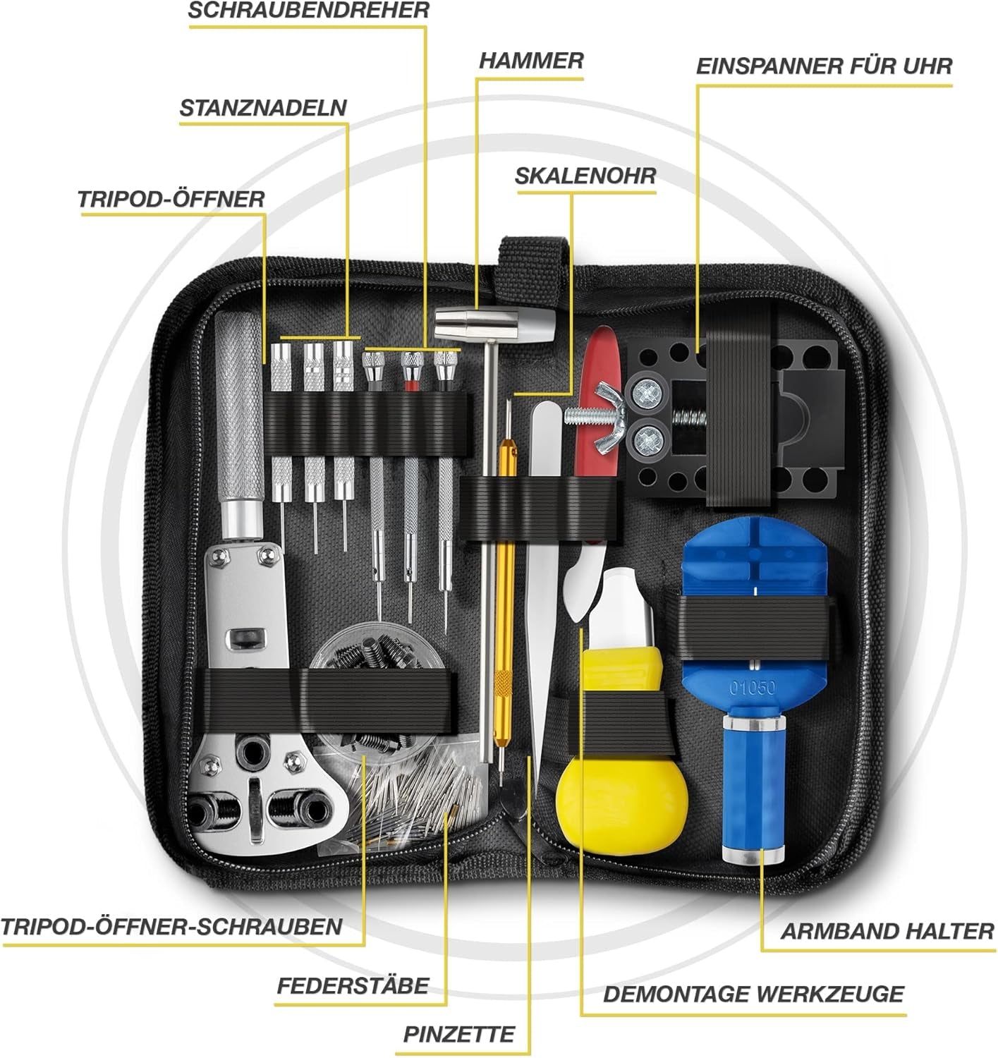 ® Premium Uhrenwerkzeug Mit Poliertuch - Aus Carbonstahl - 148-Teiliges Uhrmacherwerkzeug Set - Mit Uhrenöffner Für Batterie-& Dichtungswechsel