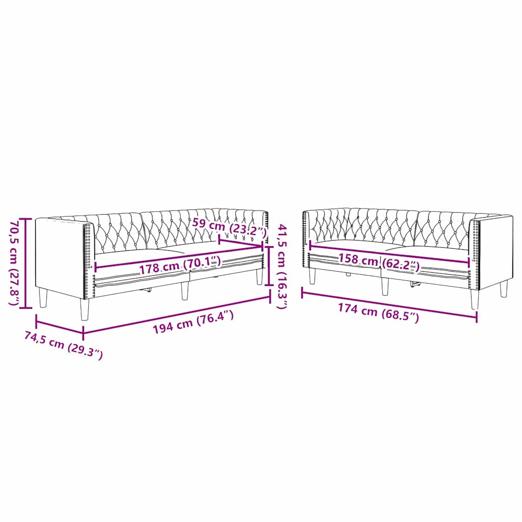 Sofa Sæt 2 Pcs Sort 194 X 74.5 X 70.5 Cm Kunstlæder