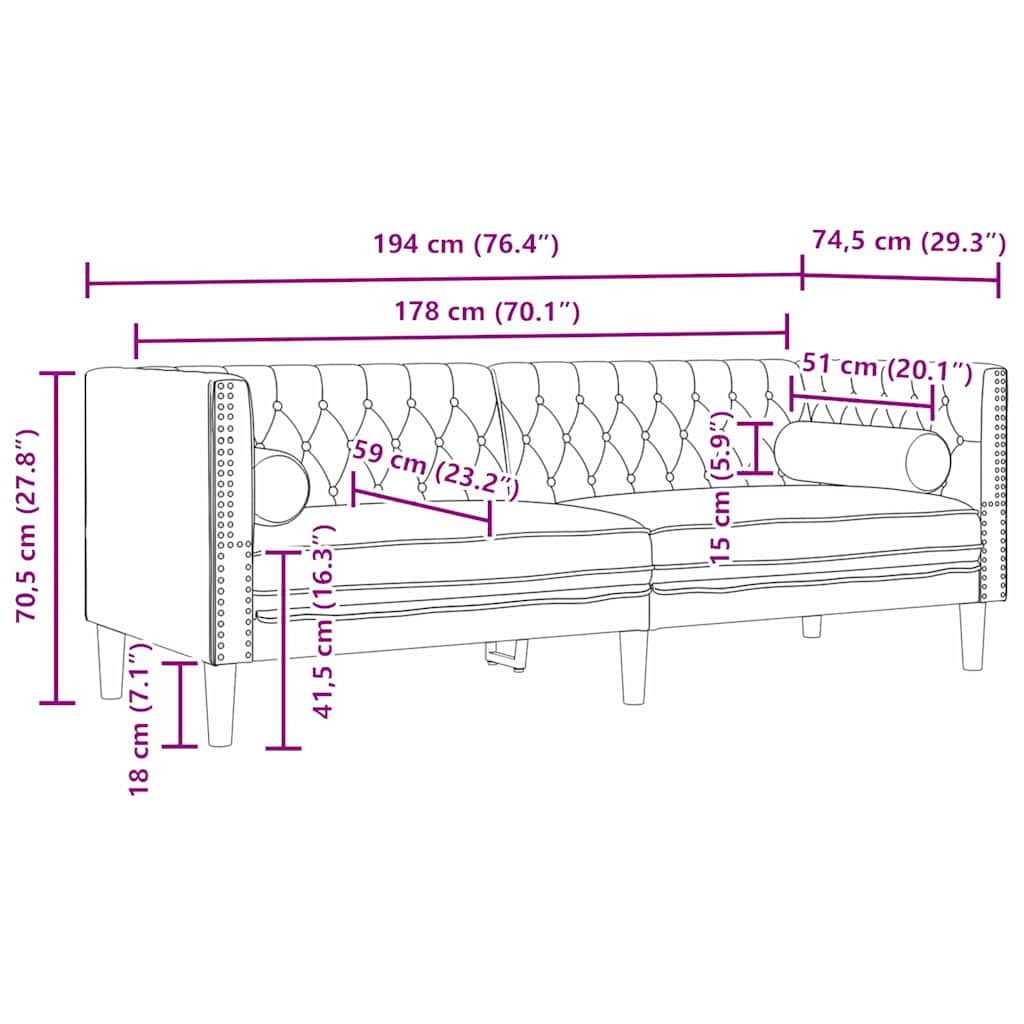Chesterfieldsofa Med Pude Andet Sort 194 X 74.5 X 70.5 Cm Fløjl