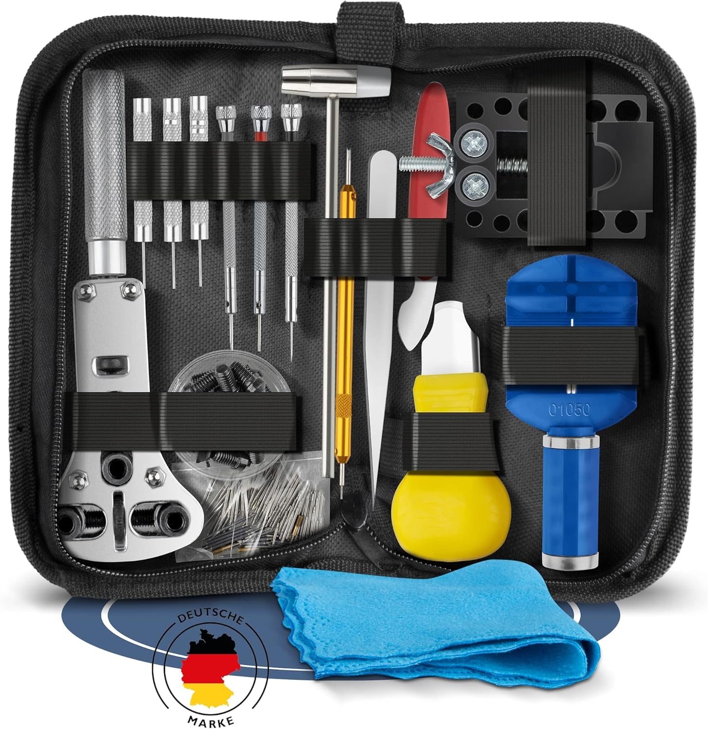 ® Premium Uhrenwerkzeug Mit Poliertuch - Aus Carbonstahl - 148-Teiliges Uhrmacherwerkzeug Set - Mit Uhrenöffner Für Batterie-& Dichtungswechsel