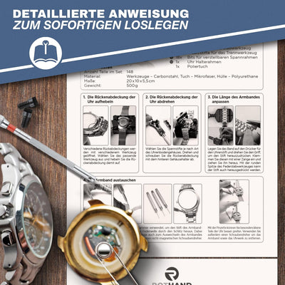 ® Premium Uhrenwerkzeug Mit Poliertuch - Aus Carbonstahl - 148-Teiliges Uhrmacherwerkzeug Set - Mit Uhrenöffner Für Batterie-& Dichtungswechsel