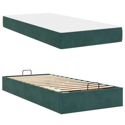 Sengestel Med Madras Med Opbevaring Mørkegrøn 90 X 190 Cm Fløjl Lysegrå Og Mørkegrå