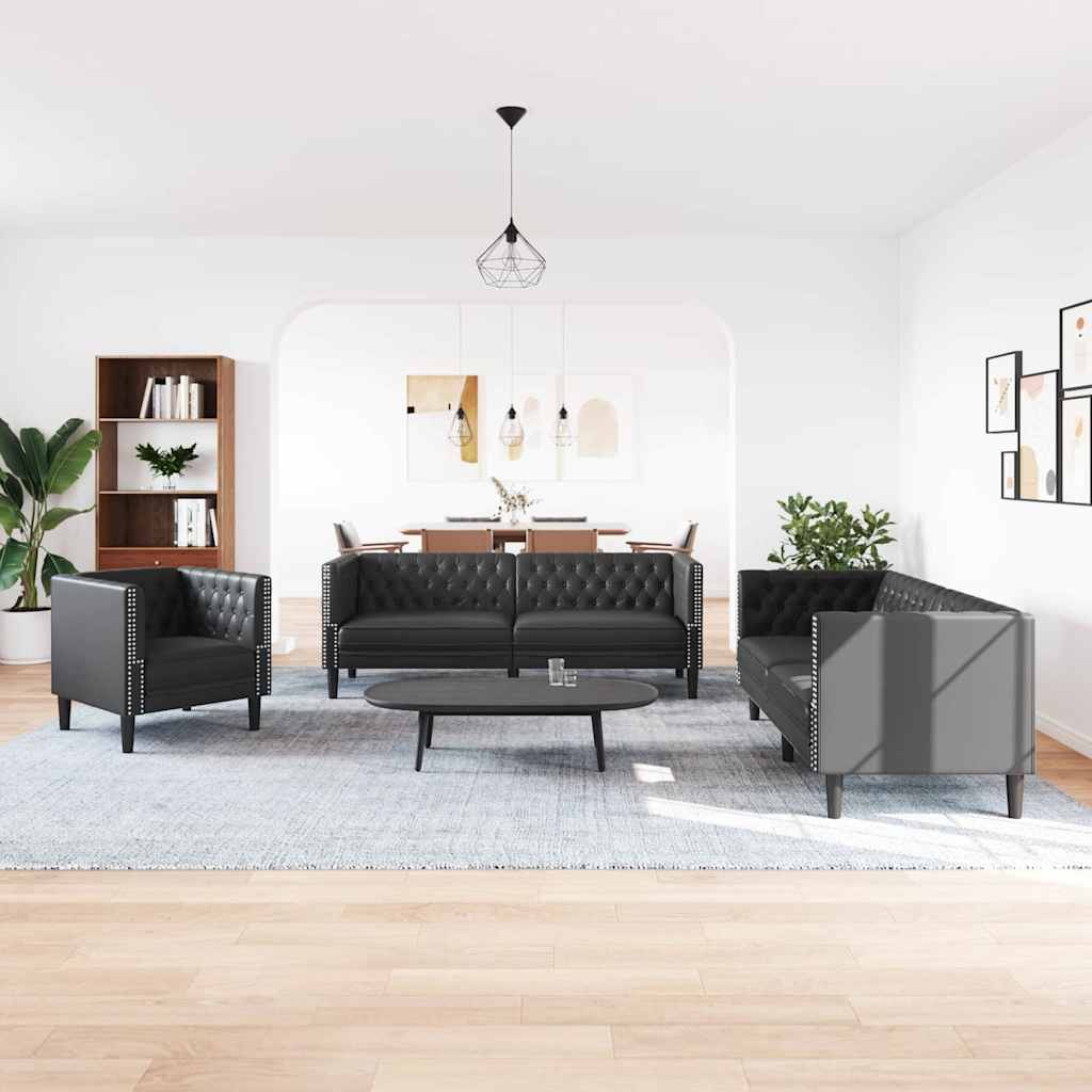 Sofa Sæt 3 Pcs Sort 194 X 74.5 X 70.5 Cm Kunstlæder