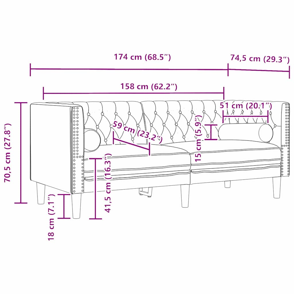 Chesterfieldsofa Med Pude Lysegrå 174 X 74.5 X 70.5 Cm Fløjl
