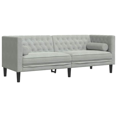 Chesterfieldsofa Med Pude Lysegrå 194 X 74.5 X 70.5 Cm Fløjl