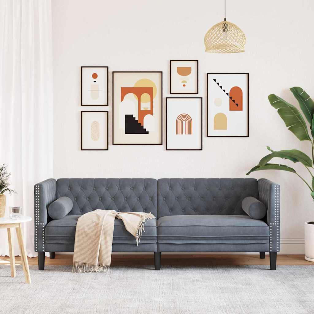 Chesterfieldsofa Med Pude Mørkegrå 194 X 74.5 X 70.5 Cm Fløjl