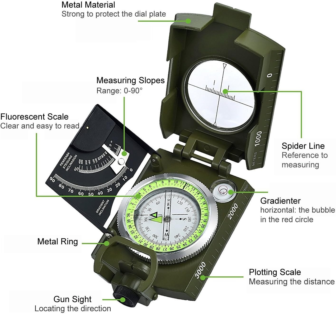 Proster Militär Marschkompass Professioneller Taschenkompass Peilkompass Kompass Compass Mit Klinometer Tragschlaufe Tasche Für Jagd Wandern Und Aktivitäten Im Freien